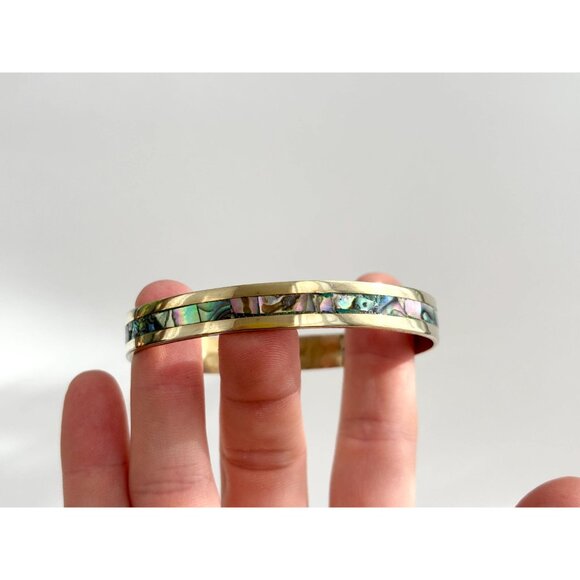 Abalone Hecho De Mexico Gold T Alpaca Silver Vintage Bangle Bracelet | Bangle - Picture 5 of 11